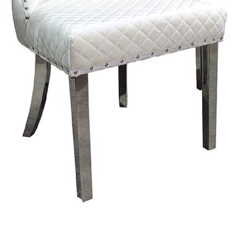 Anova Side Dining Chair Set of 2, Rivet Trim, Silver Stainless Steel, White Fabric