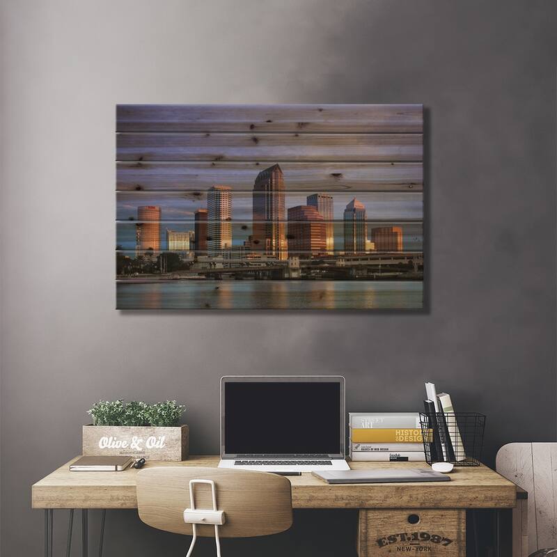 Tampa Skyline From Hillsborough Bay, Dawn Print On Wood by Walter Bibikow - Multi-Color