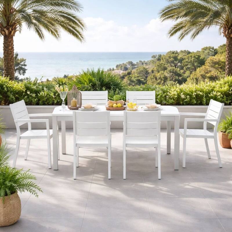 Cora 7 Piece Outdoor Dining Table, Chairs Set, White, Plank Seat and Backs