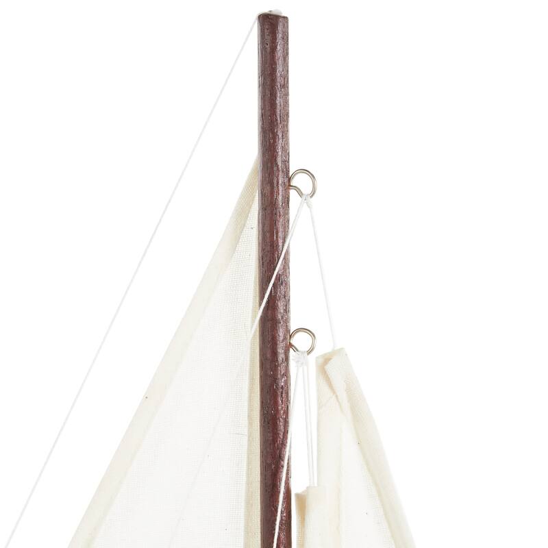 White Wood Distressed Sail Boat Decorative Sculpture with Brown Wood and Beaded Accents