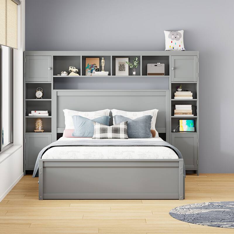 Solid Wood Storage Bed Frame with Twin Size Trundle & 2 Drawers, Queen Size Platform Bed All-in-One Panel Bed Set with Cabinets