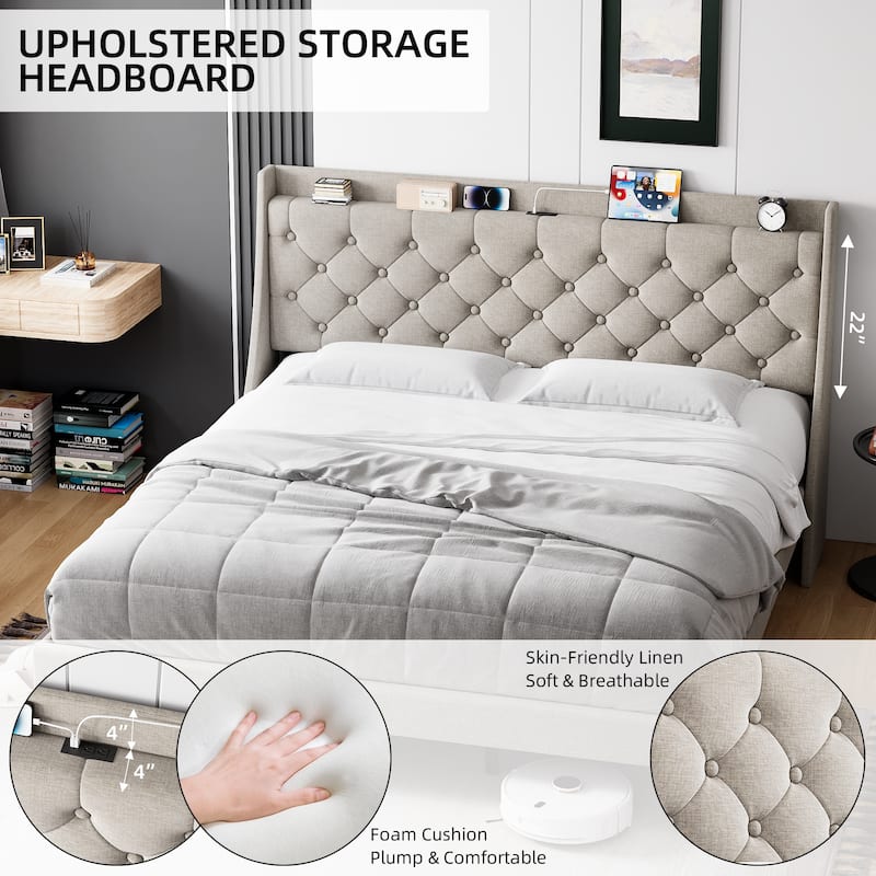Bed Frame with Charging Station and Storage Shelf