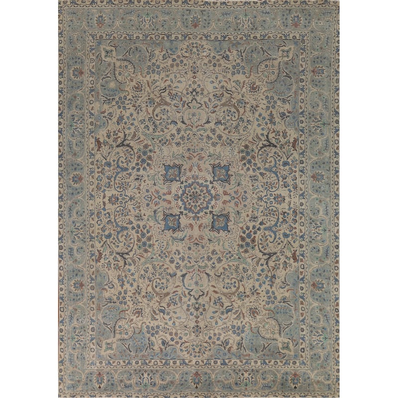 Floral Medallion Tabriz Persian Area Rug Beige Handmade Wool Carpet - 9'7"x 12'9"