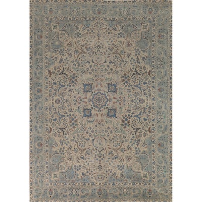 Floral Medallion Tabriz Persian Area Rug Beige Handmade Wool Carpet - 9'7"x 12'9"