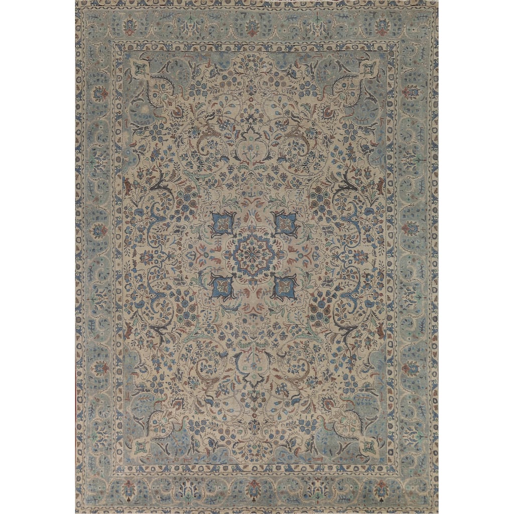 Floral Medallion Tabriz Persian Area Rug Beige Handmade Wool Carpet - 9'7"x 12'9"