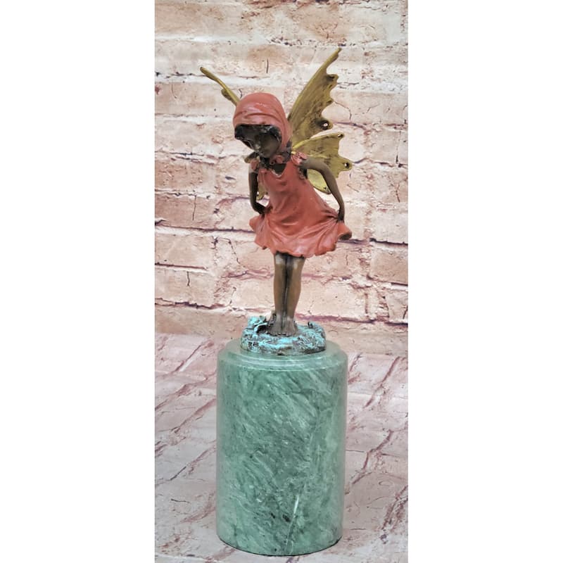 Bronze Metal Figure Of Young Fairy Angel Winged Girl On Green Marble Base