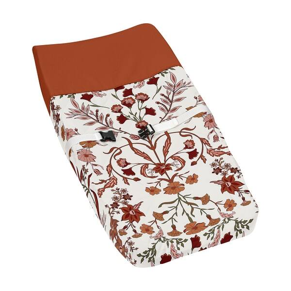 slide 2 of 6, Sweet Jojo Designs Ivory and Orange Boho Vintage Floral Girl Changing Pad Cover Bohemian Rust Botanical Leaf Flower Green Fringe