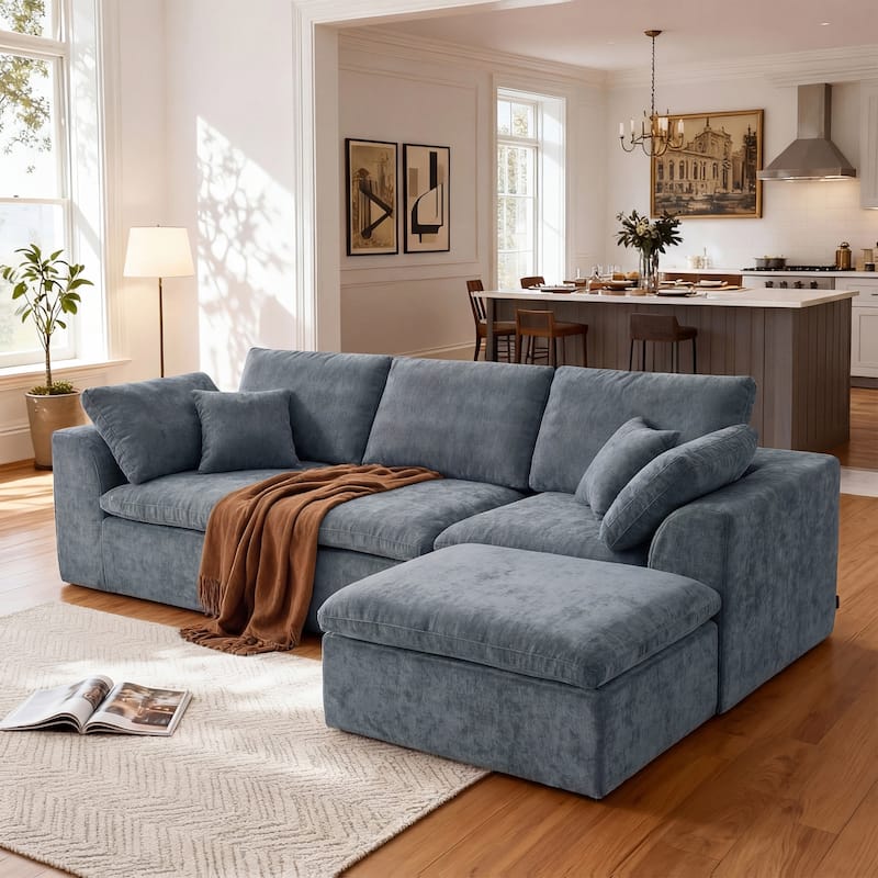 L-Shaped Chenille Sectional Sofa with Chaise Lounge, Living Room Modular Leisure Couch Chenille Sleeper Sofa