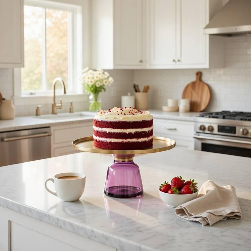 Len 30 Inch Coffee Table, Purple Blown Glass Bell Base, Funnel Gold Steel