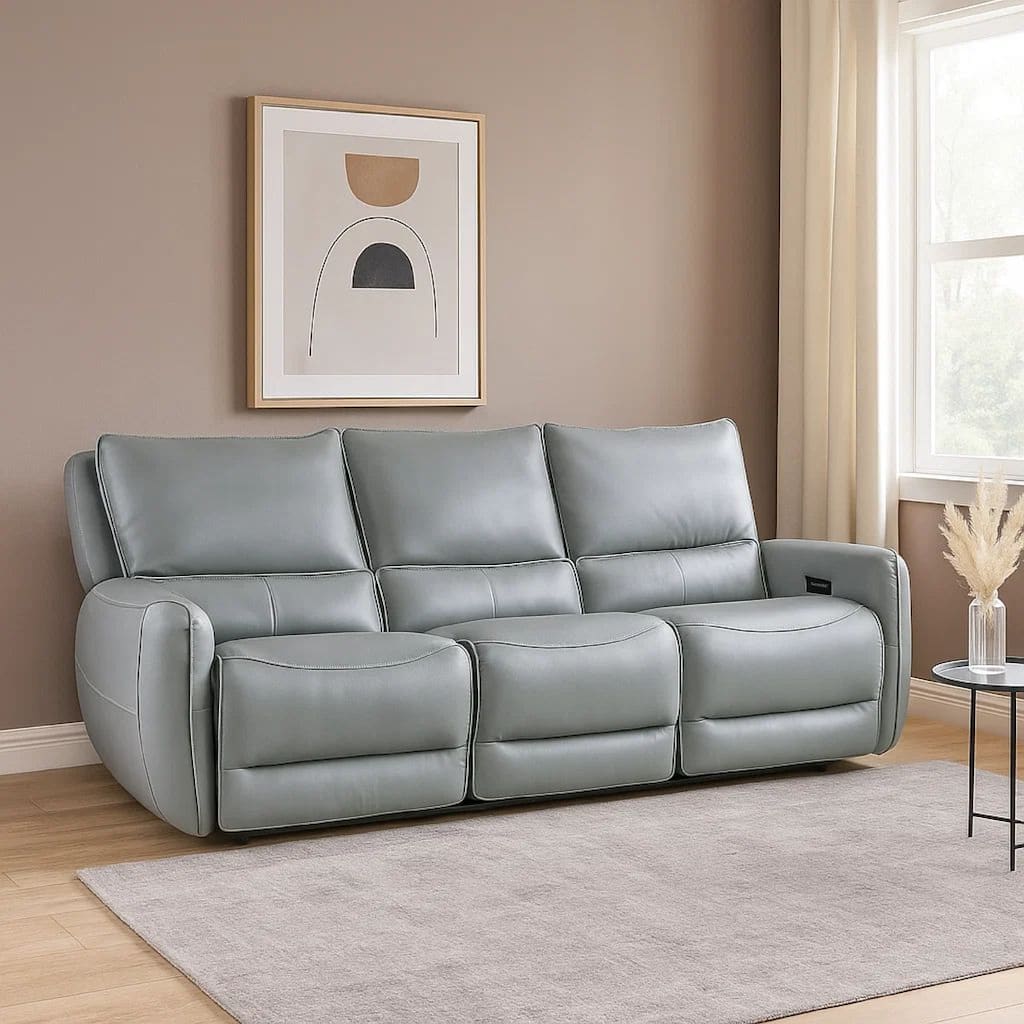 Pono Power Reclining Sofa, Pale Blue Top Grain Leather, 85 Inch, Zero Gravity