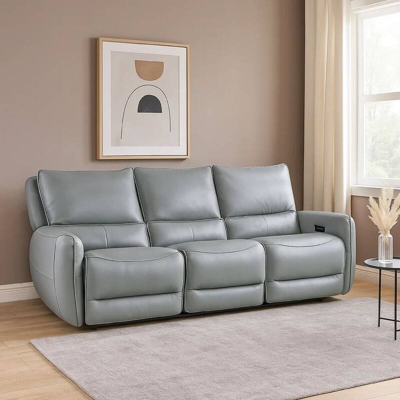 Pono Power Reclining Sofa, Pale Blue Top Grain Leather, 85 Inch, Zero Gravity