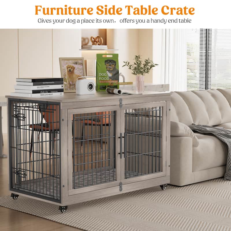 Dog Crate Indoor Heavy Duty Double Doors Wooden Dog Cage with Cushion
