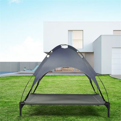 Grey Dog Cot with Uv Protection Canopy Shade for Large Dogs - 41.5" x 34.5" x 35"(L x W x H)