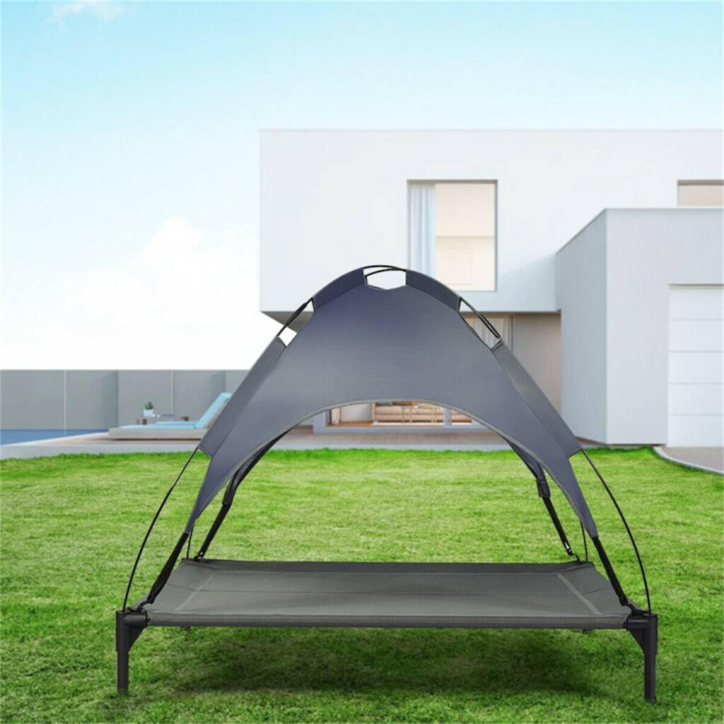 Grey Dog Cot with Uv Protection Canopy Shade for Large Dogs - 41.5" x 34.5" x 35"(L x W x H)