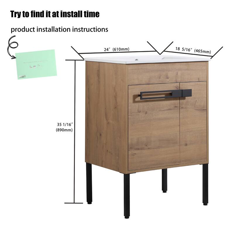 24" FreeStanding Bathroom Vanity with Sink, Floor Stand Bathroom Vanity with Soft Close Door and Adjustable shelf