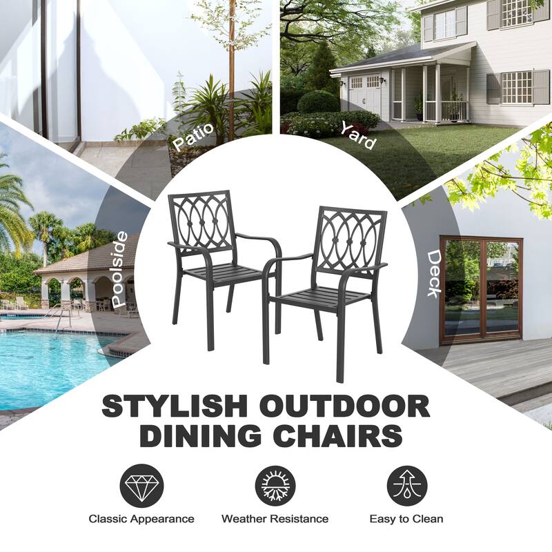Metal Outdoor Dining Set with Umbrella Hole and Stackable Chairs