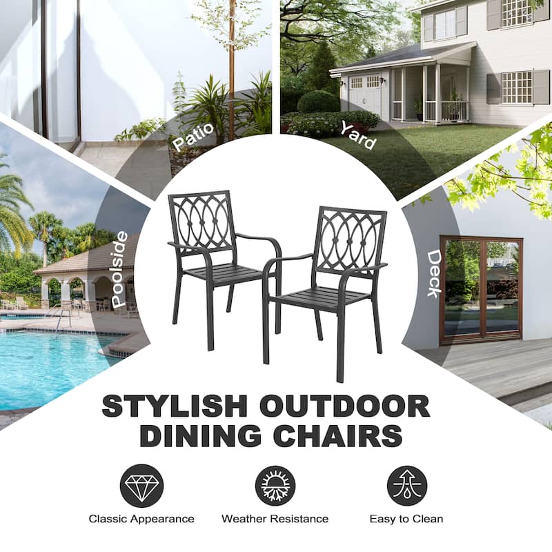 Patio 2-Piece Iron Dining Chairs with Ventilated Slatted Seat and Stackable Design