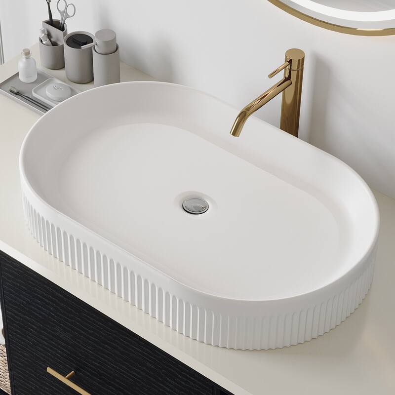 GDFStudio - Contemporary 22.8" Oval Ceramic Vessel Bathroom Sink with Vertical Fluted Design - 22.8"