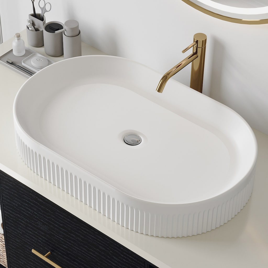 GDFStudio - Contemporary 22.8" Oval Ceramic Vessel Bathroom Sink with Vertical Fluted Design