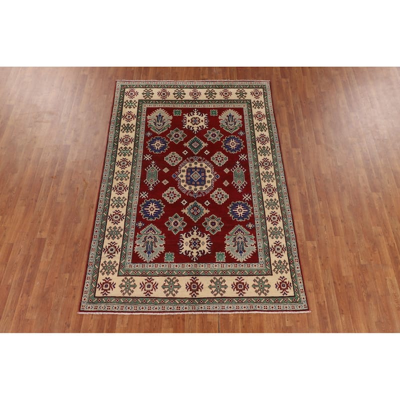 Red Geometric Kazak Oriental Area Rug Hand-Knotted Wool Carpet - 5'8" x 8'4"