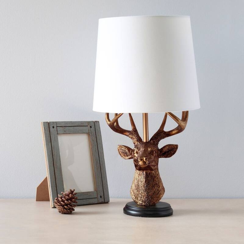 Copper Deer Head Table Lamp Rustic Style White Fabric Shade Accessible Switch - 9.50” x 9.50” x 17.25”