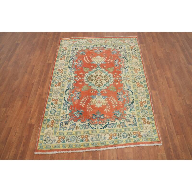 Hand Knotted Oriental 100% Wool Carpet Traditional Floral Oranges & Rust Tabriz Area Rug - 6' 4'' X 4' 6''