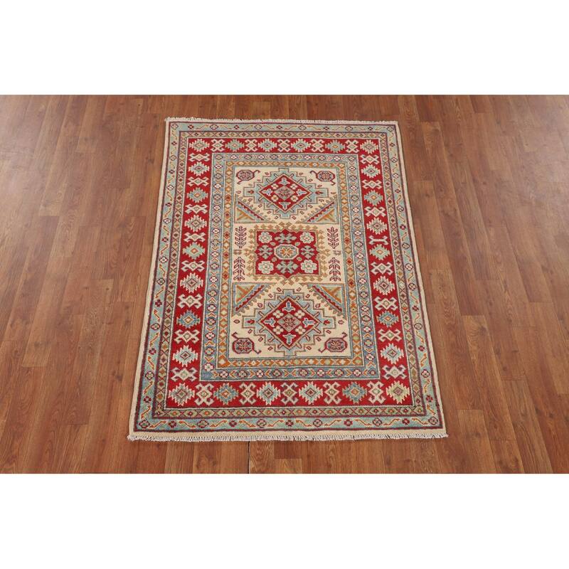 Geometric Beige Kazak Accent Rug Hand-Knotted Oriental Wool Carpet - 3'4" x 4'9"