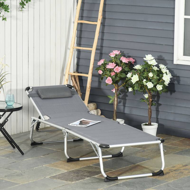 Foldable Outdoor Lounge Chair with 5-Position Recline, Cushioned Seat and Headrest for Beach Patio or Poolside