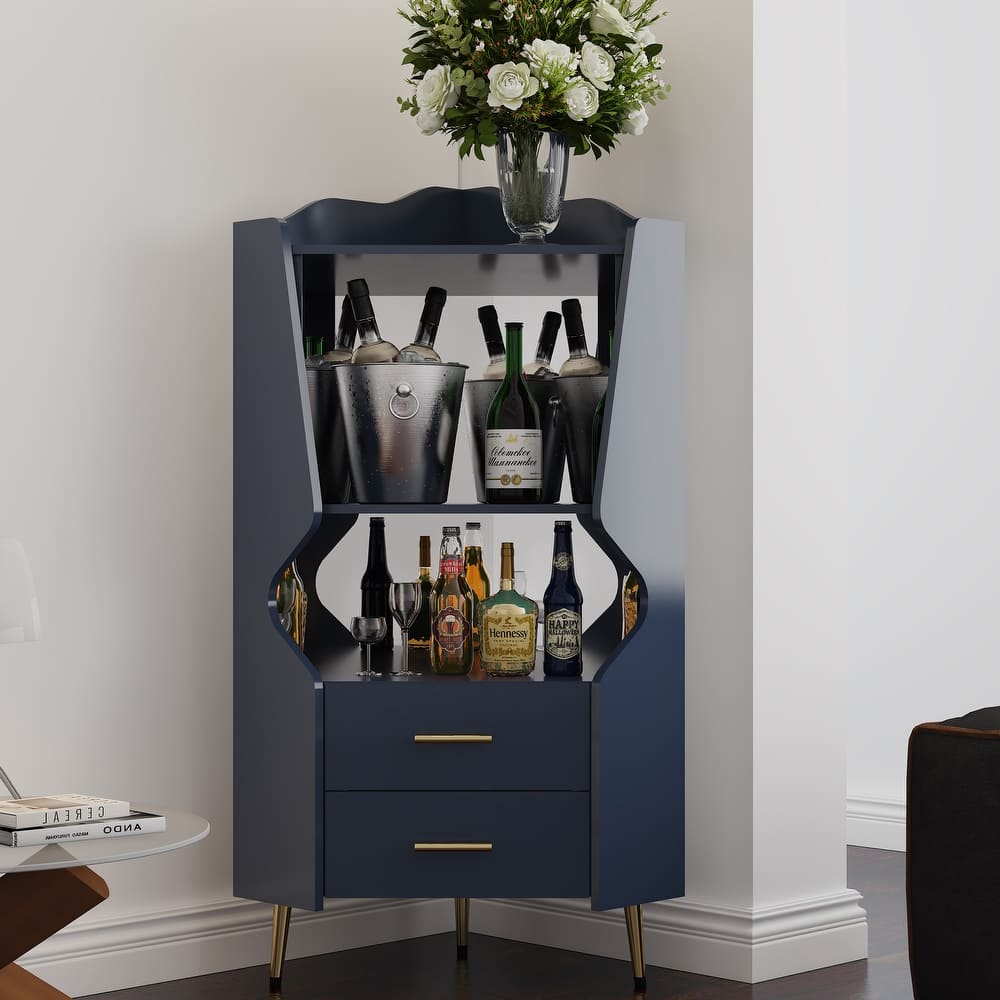 Wooden Corner bar cabinet with 2 open storage shelves and 2 drawers, mirrored back sideboard cabinet