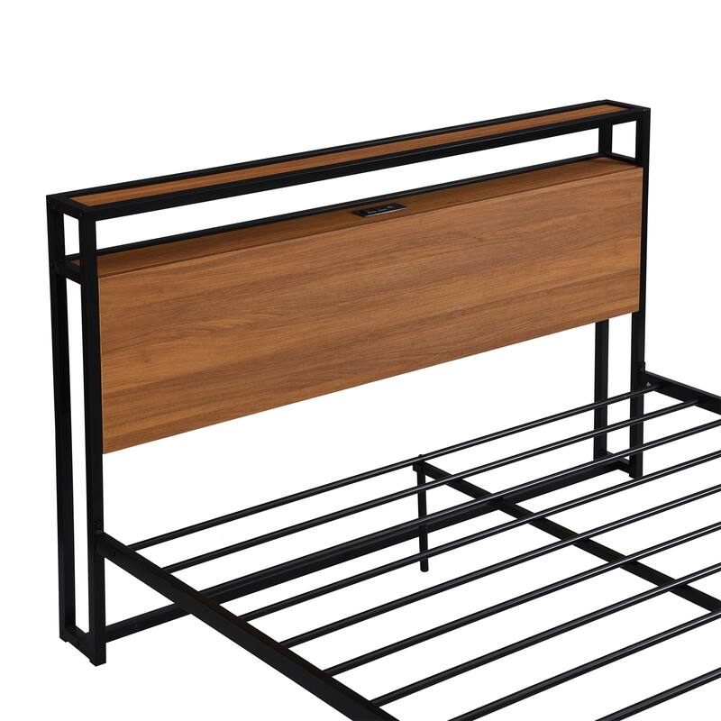 Queen Size Metal Platform Bed Frame Sockets USB Ports and Slat Support