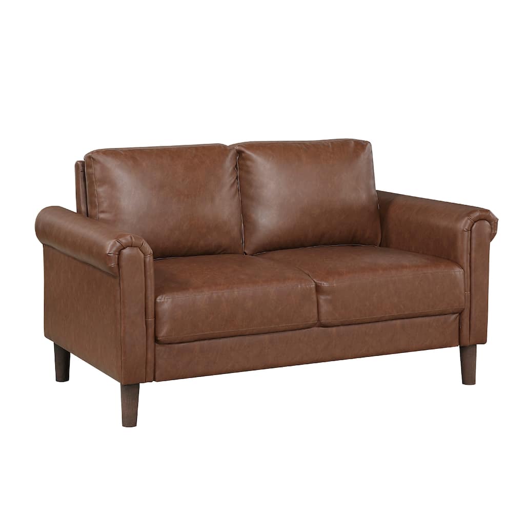 Lo Loveseat w Rolled Arms, Mid Century Dark Brown Faux Leather 57 Inch