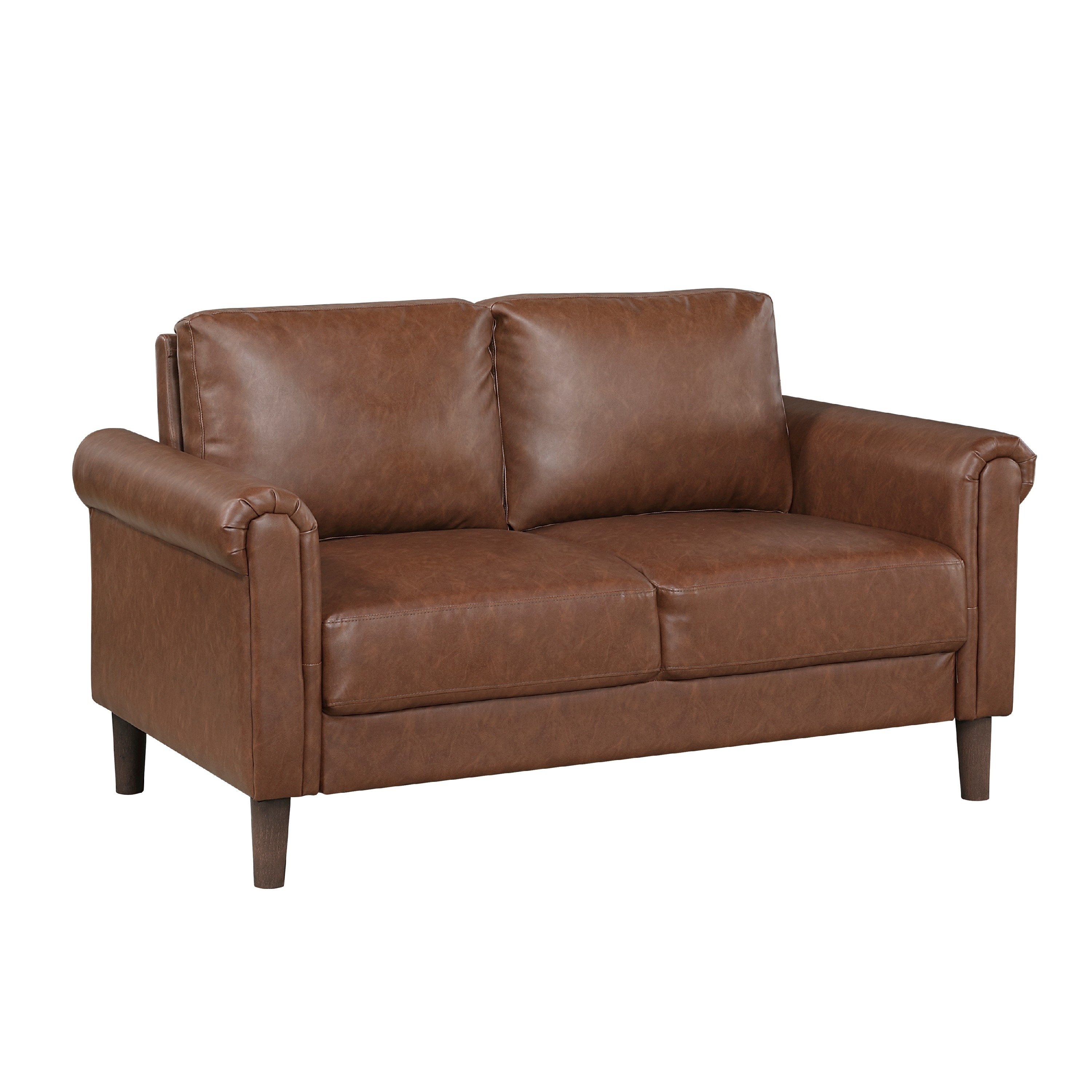 Lo Loveseat w Rolled Arms, Mid Century Dark Brown Faux Leather 57 Inch