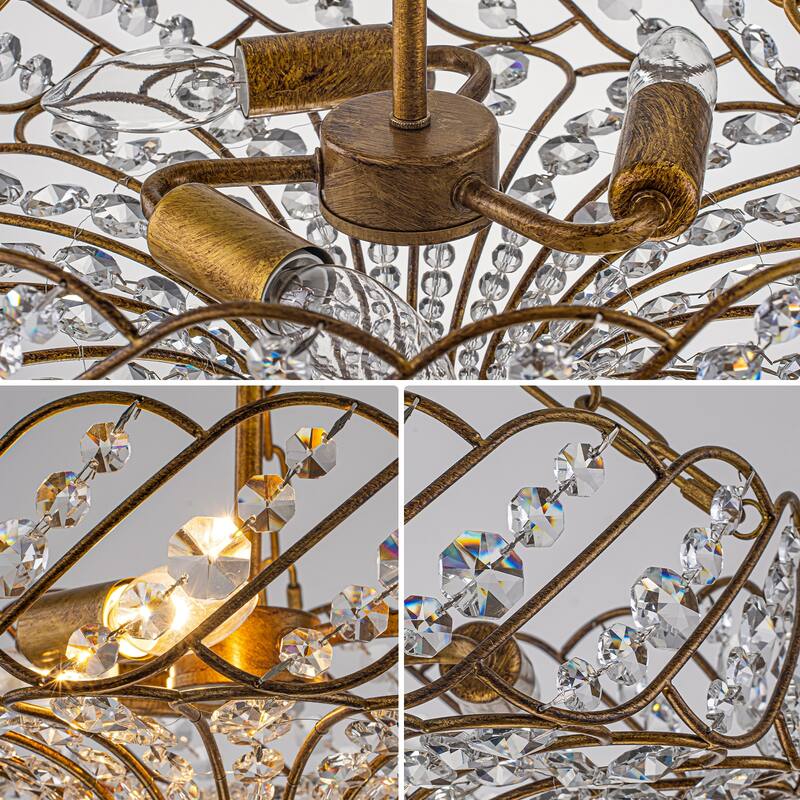 3-Light Glam Crystal Flush Mount Ceiling Light - Antique Gold - 15.8 in W × 12.6 in H