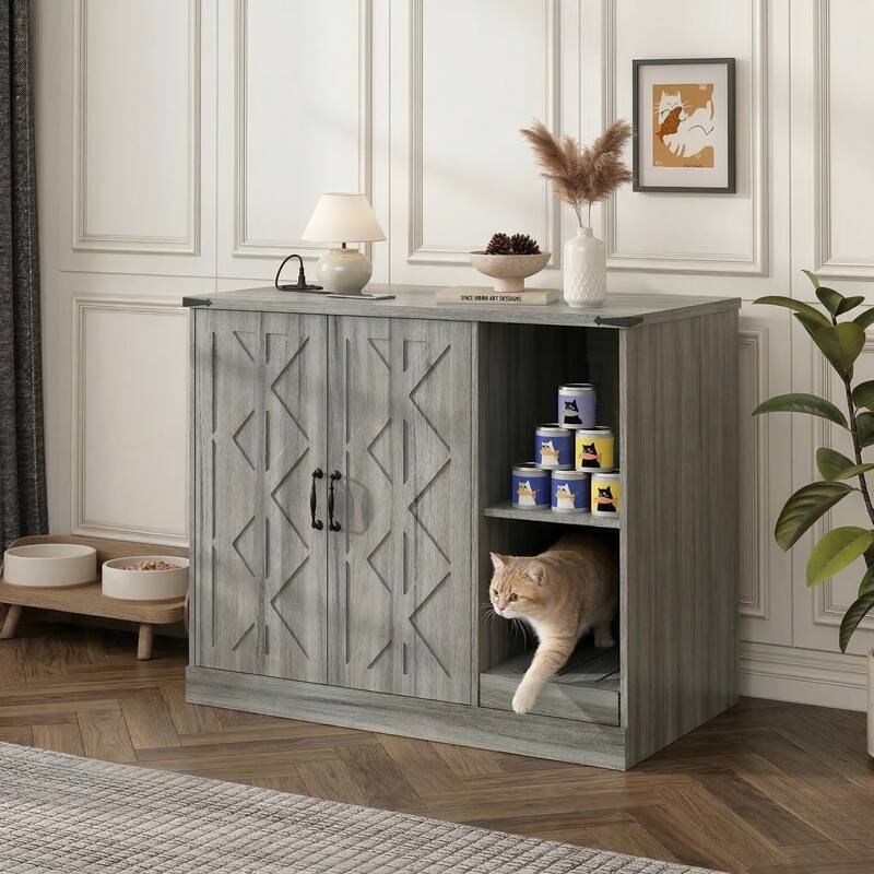 Cat Litter Box Cabinet with Power Outlet, Box Furniture for Automatic Litter Boxes, with Litter Catcher, Adjustable Shelves