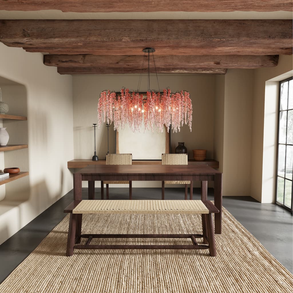 Modern Farmhouse Extendable Dining Table Set with Solid Wood Rattan Chairs, Expandable 59" to 73" for 4-8 Guests