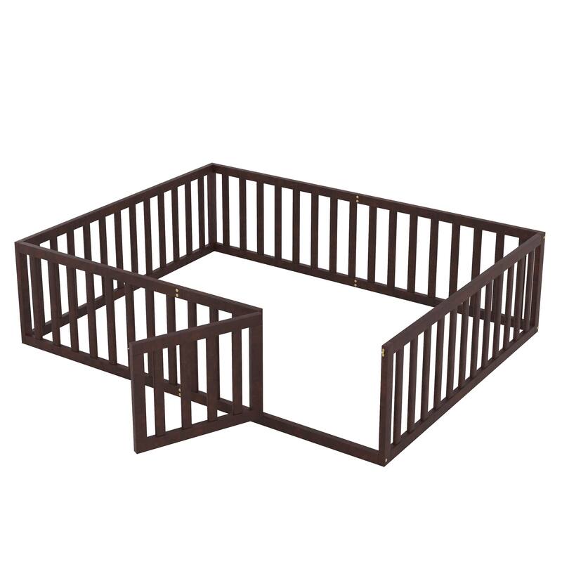 Versatile Wooden Floor Bed Frame without Slats, Solid Pinewood Kids Bed Frame with Fence and Door