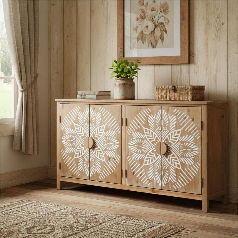 HomeRoots 60" Brown and White Wood Carved Floral Accent Cabinet With Four Doors - Brown