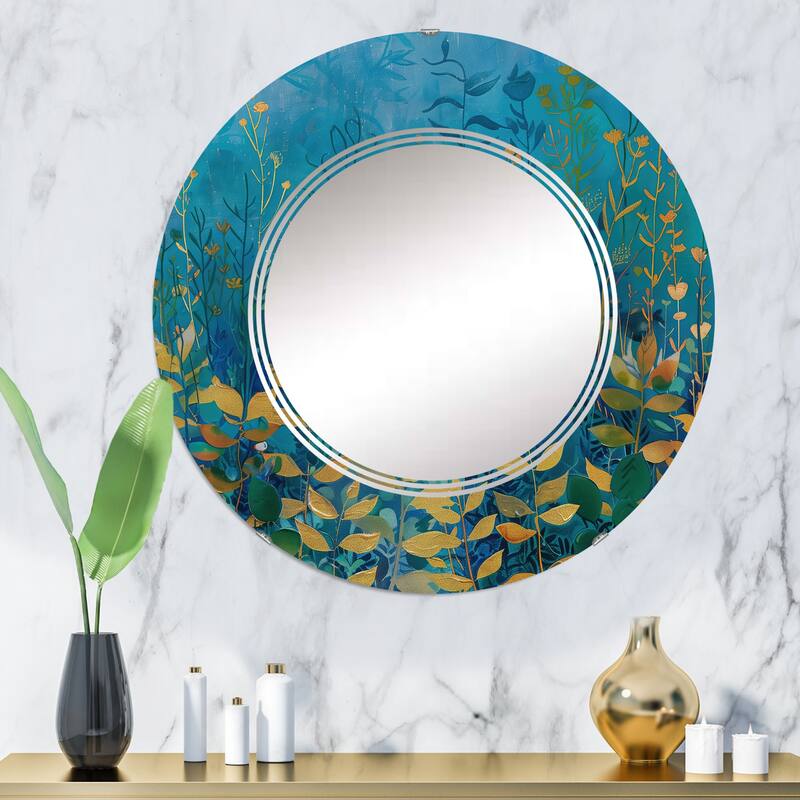 Designart 'Blue Underwater Lake leaves II' Printed Modern Round or Oval Wall Mirror - Triple C - 32in.x32in.