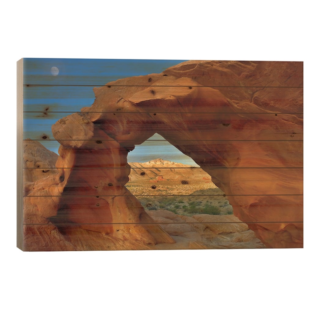 Arch Rock And Moon, Valley Of Fire State Park, Nevada Print On Wood by Tim Fitzharris - Multi-Color