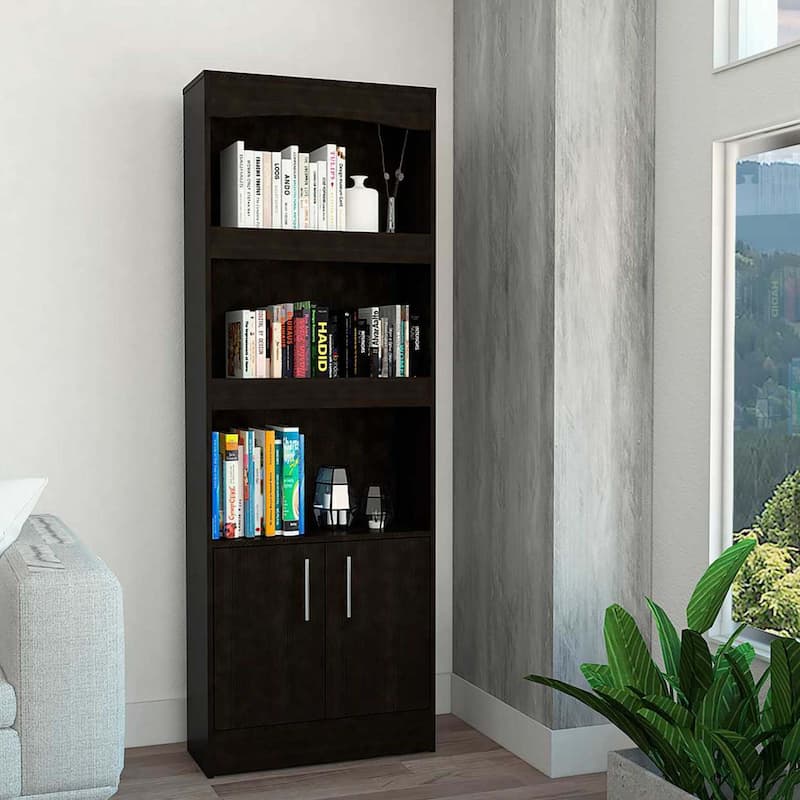 71 Inch Modern 3 Tier Wood Bookcase with 2 Doors Vertical Shelving Unit for Living Room Storage - 70.8”H x 24.8”W x 10.3”D