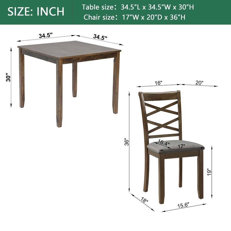 5 Piece Wooden Kitchen Table Set with Square Table and 4 Flat X Backrest Upholstered Chairs, Modern Style Wooden Table Set