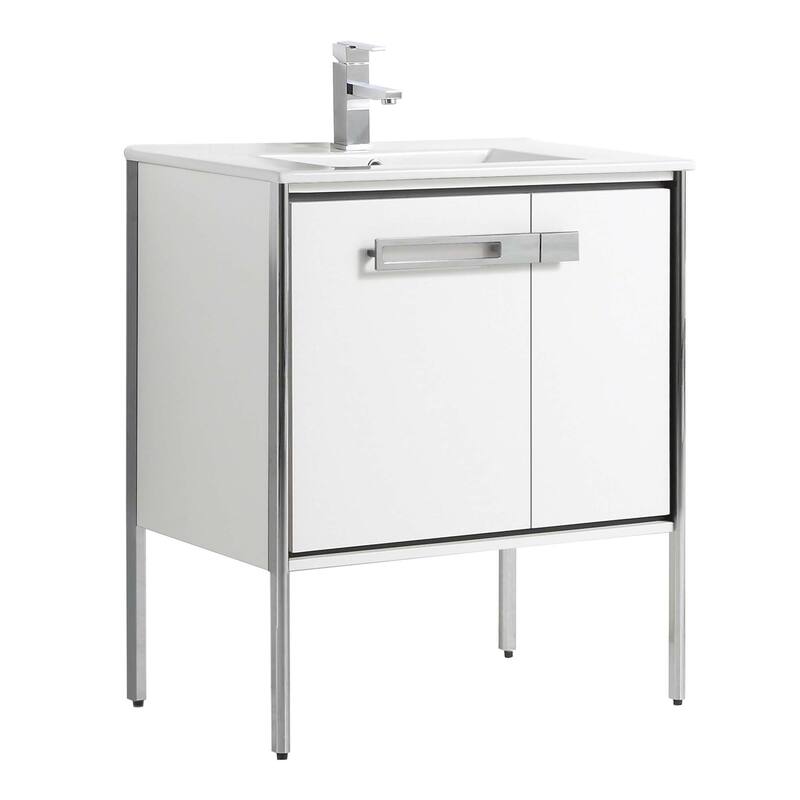 Fine Fixtures Oakville Bathroom Vanity with White Ceramic Sink - 30 Inch - White Matte - Chrome Hardware