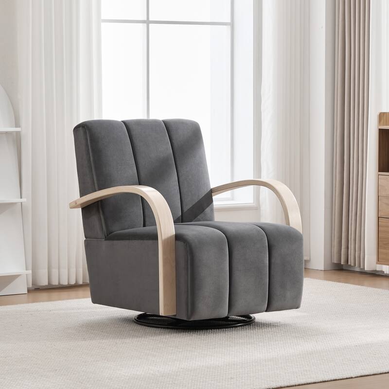 30.3"W Upholstered Swivel Accent Chair with Solid Wood Armrests, Channel Tufted Lounge Chair Single Reading Sofa Chair - Charcoal-Velvet