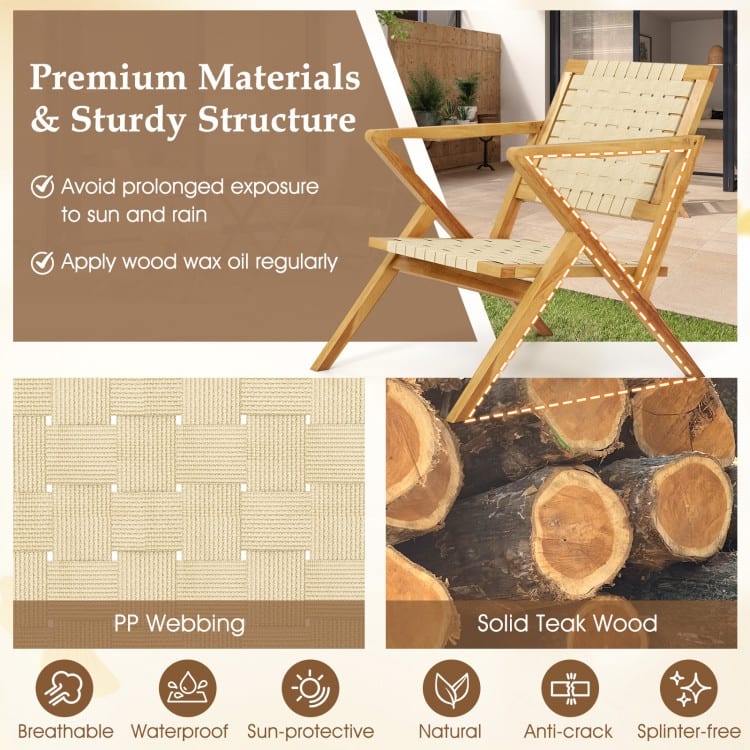Natural Teak Wood Outdoor Accent Chair with PP Webbing Ergonomic - 33.5" x 25" x 29.5"