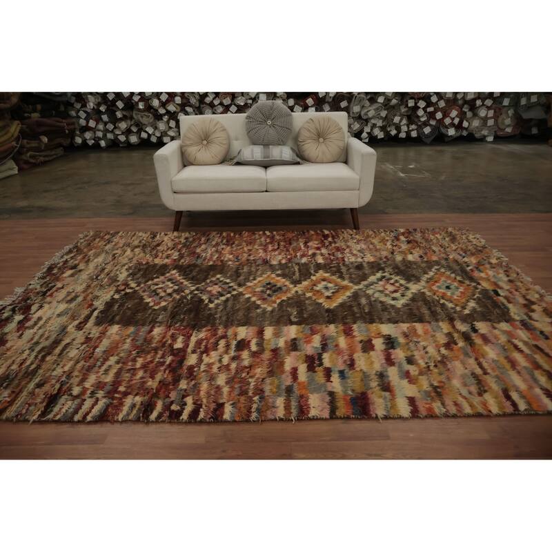 Hand Knotted Oriental 100% Wool Carpet Modern Tribal Brown Moroccan Area Rug - 9' 10'' X 6' 10''