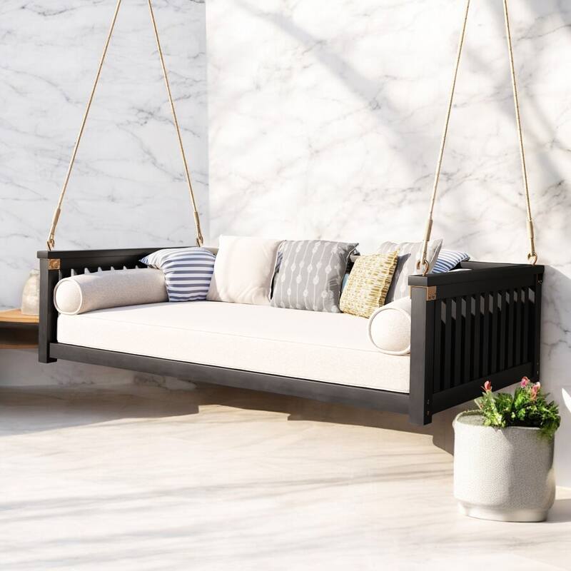 Premium Acacia Wood Patio Swing Bed with Ropes - Comfortable Outdoor Twin-Size Swing for Garden, Porch, or Backyard