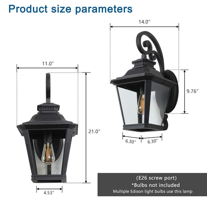 Large Outdoor Black Metal Exterior Wall Lantern Sconce Light with Glass Shade