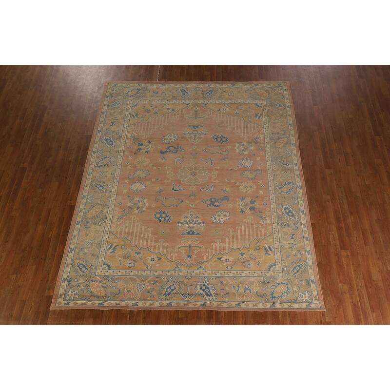 Hand Knotted Oriental 100% Wool Carpet Transitional All-Over Peach Oushak Area Rug - 10' 1'' X 8' 3''