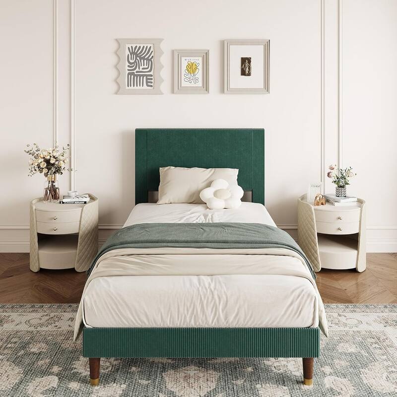 Soft Corduroy Fabric Platform Bed Frame with Upholstered Headboard, Dark Green - Twin