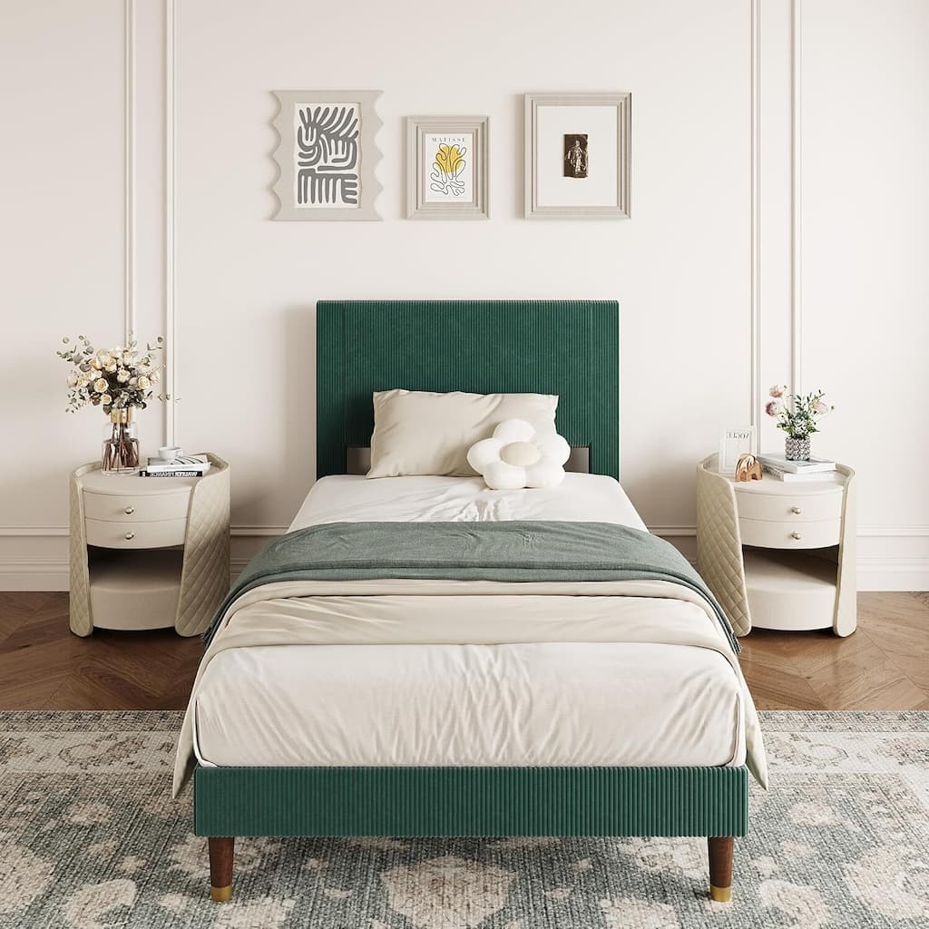 Soft Corduroy Fabric Platform Bed Frame with Upholstered Headboard, Dark Green